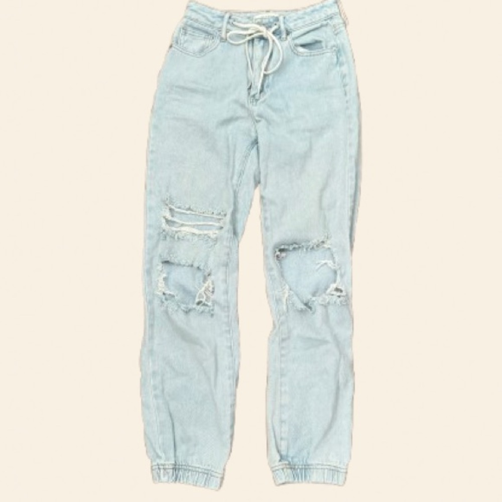 Pacsun Ripped Light Wash Straight Leg Jeans Women’s Size 23 Cuffed Shoelace Tie